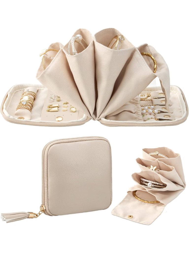 Travel Jewelry Organizer Pouch  Soft Oatmeal Case With Multi Compartments For